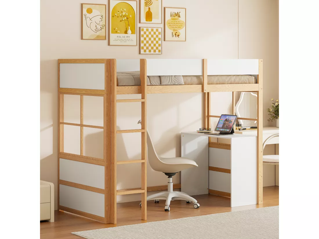 Lit mezzanine 90 x 200 cm avec avec bureau & échelle - bois MDF - blanc + naturel (sans matelas)