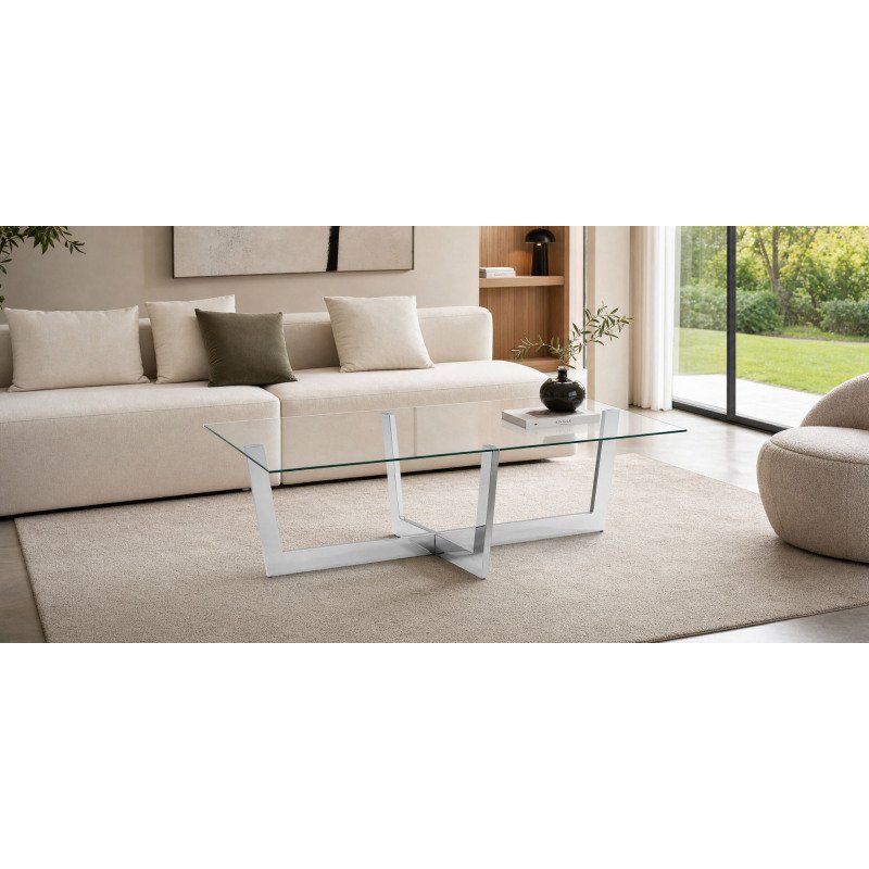 Table basse Plam en verre transparent et structure en acier chromé 120 x 70 cm
