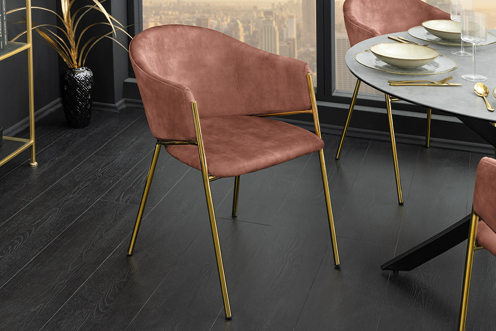 Design Stuhl NOBLESSE rosé Samt golden verchromtes Metallgestell Retro-Look