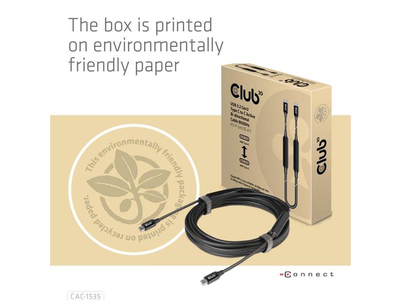Club 3D Kabel USB Type-C - USB Type-C, 5 m, 8K60Hz USB 3.2 Gen2 Typ C auf C, aktives bidirektionales Kabel 8K60Hz