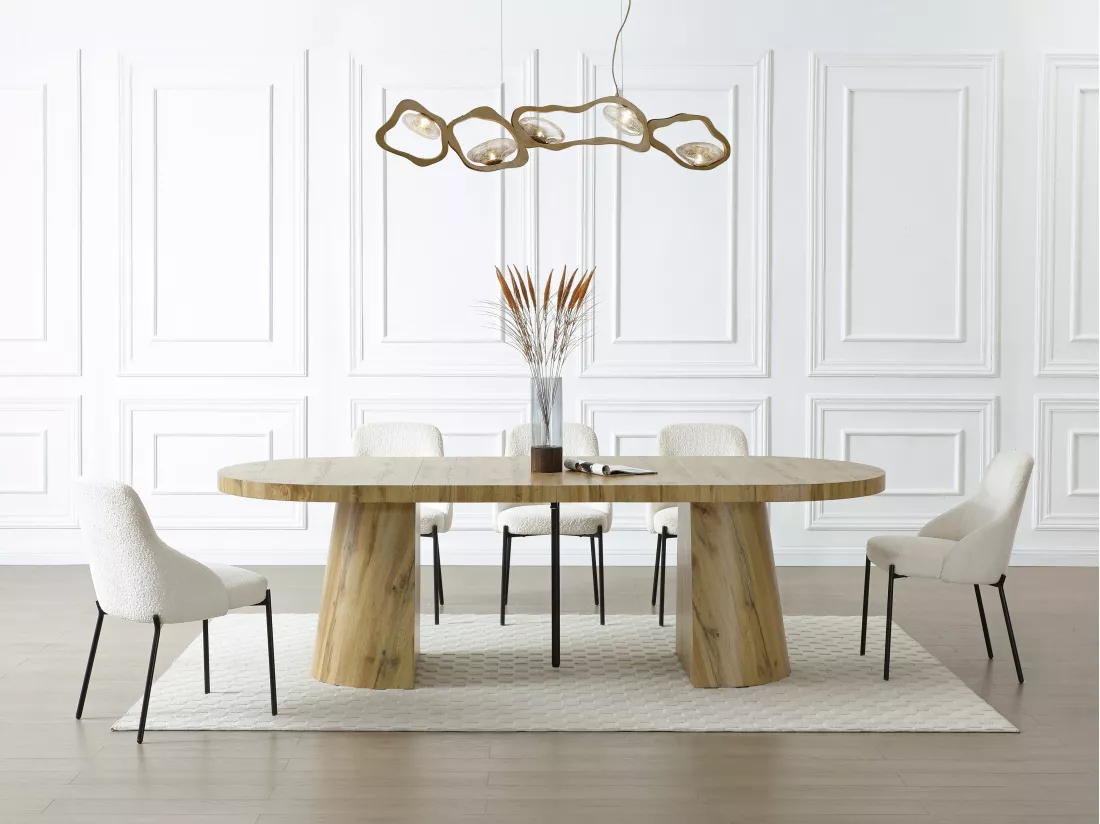 Table à manger extensible 6 à +12 personnes en MDF - Naturel Clair - CLOEVA