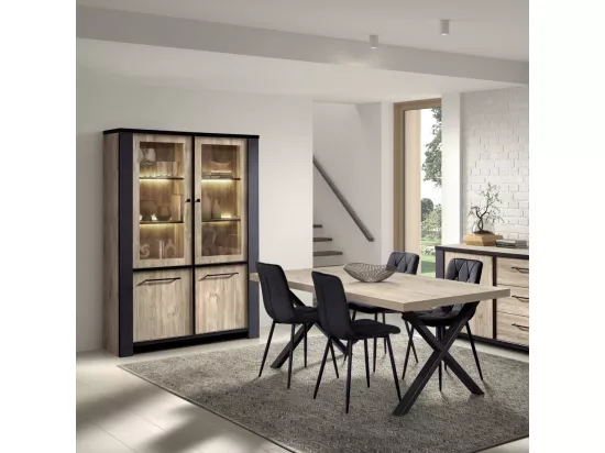 Vaisselier 4 portes Chêne délavé 130 cm + Éclairages - FURNES