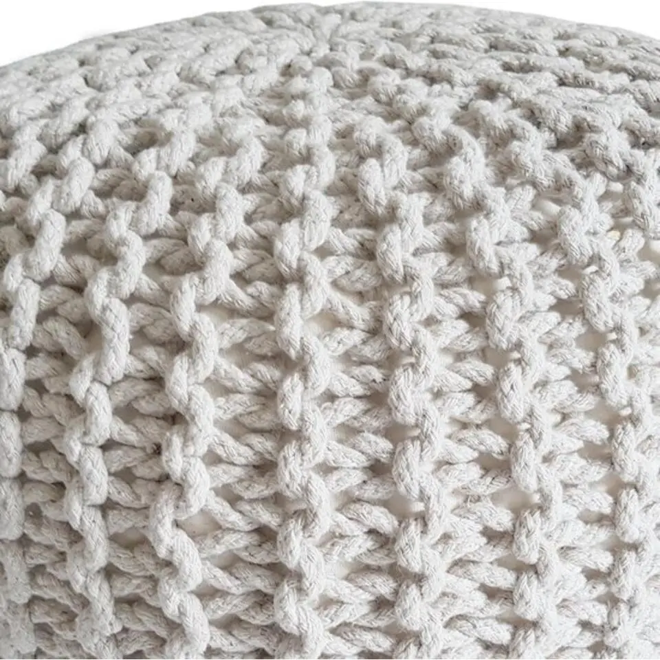 Poef - Kruk Ø 55 cm x 37 cm - Wit - Grof gebreide look - Duurzaam
