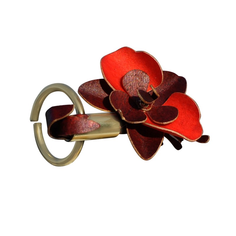 Bague Laiton Tube et Orchidée en Cuir Rouge
