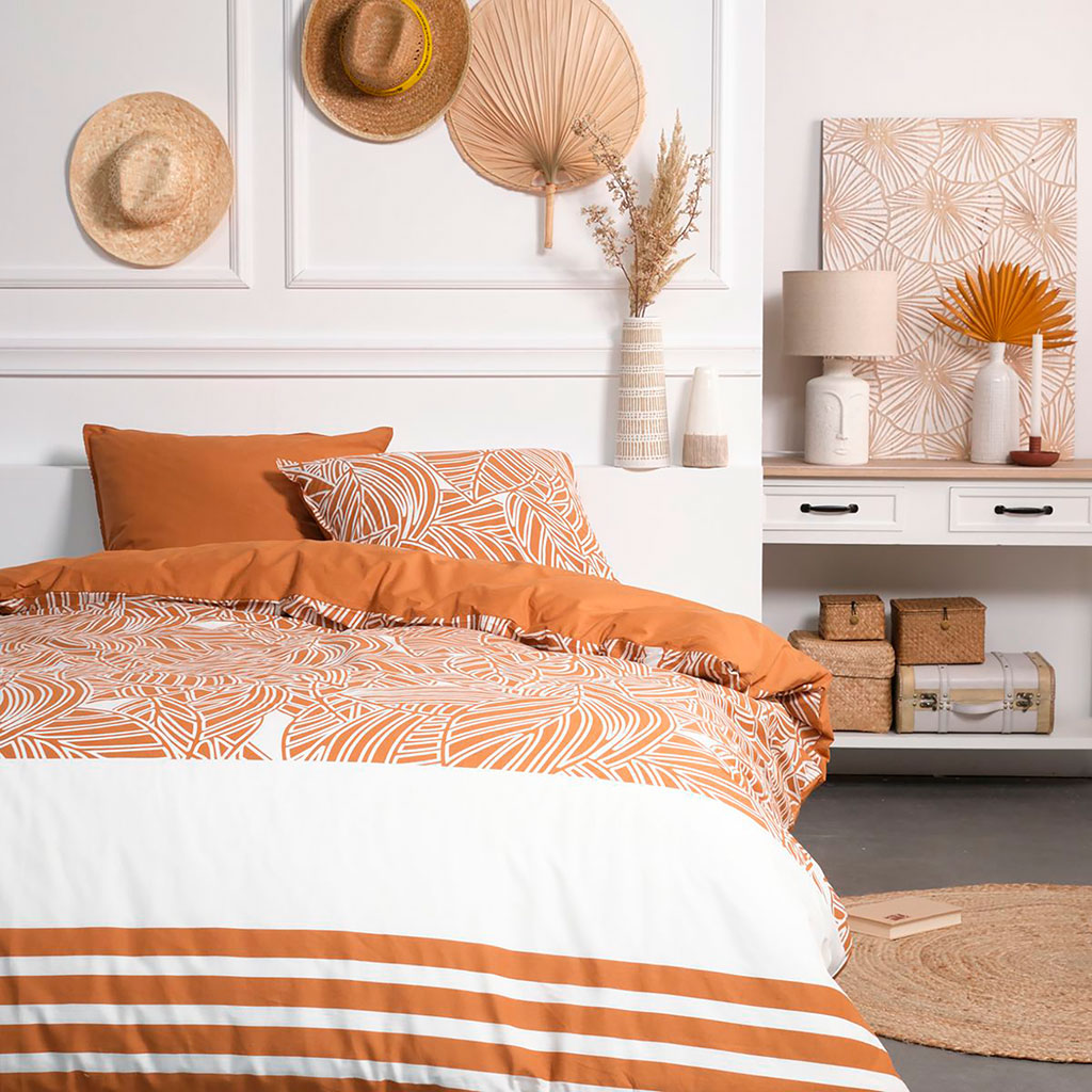 Parure de lit coton 57 fils feuillage orange 220x240cm