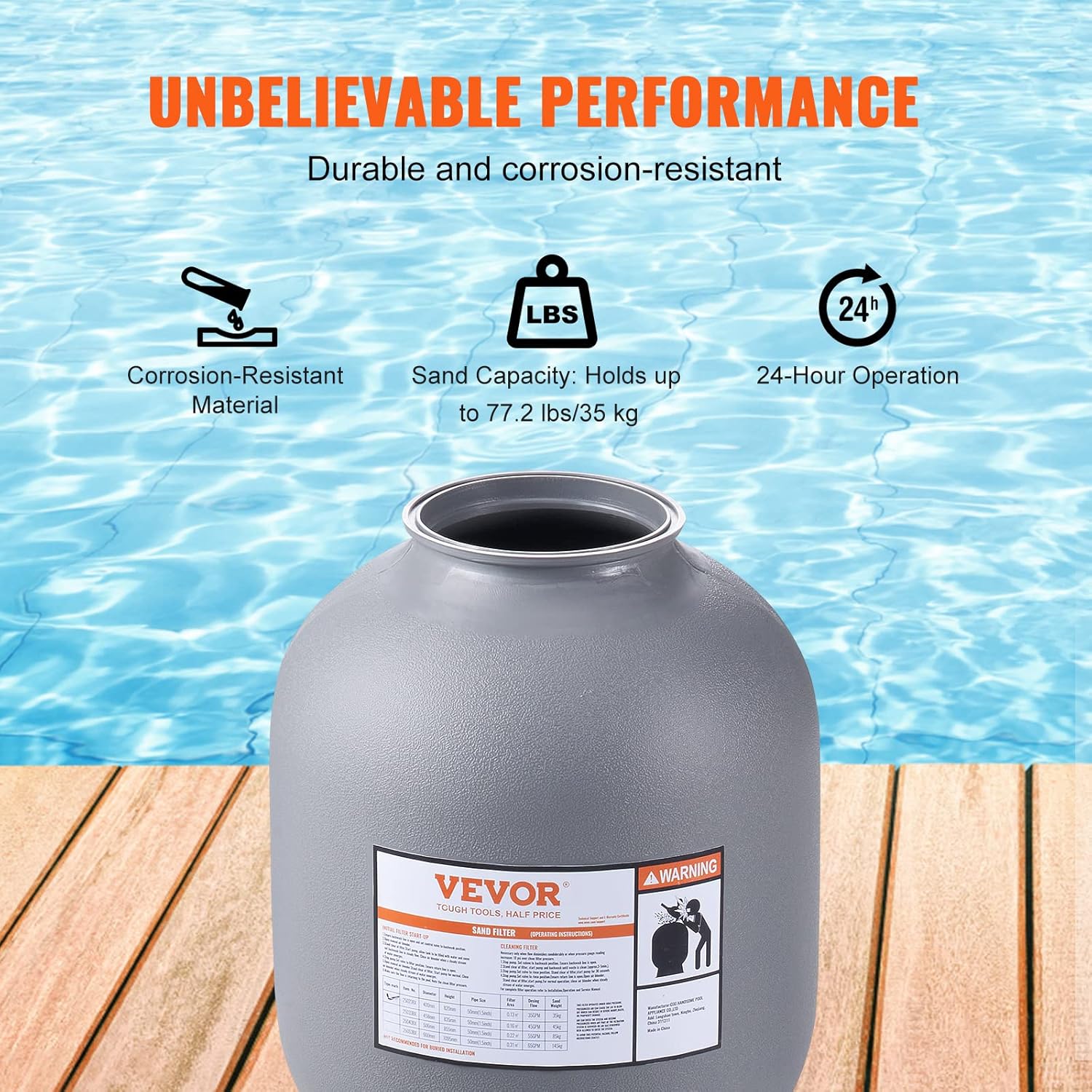 VEVOR Sandfilteranlage 35GPM Durchfluss Filteranlage 406,4mm Sandfilter 1-1/2Zoll Einlass-/Auslassdurchmesser Filterkessel HDPE Filterpumpe 7-Wege-Mehrwegeventil Sandfilterpumpe 400x400x820mm