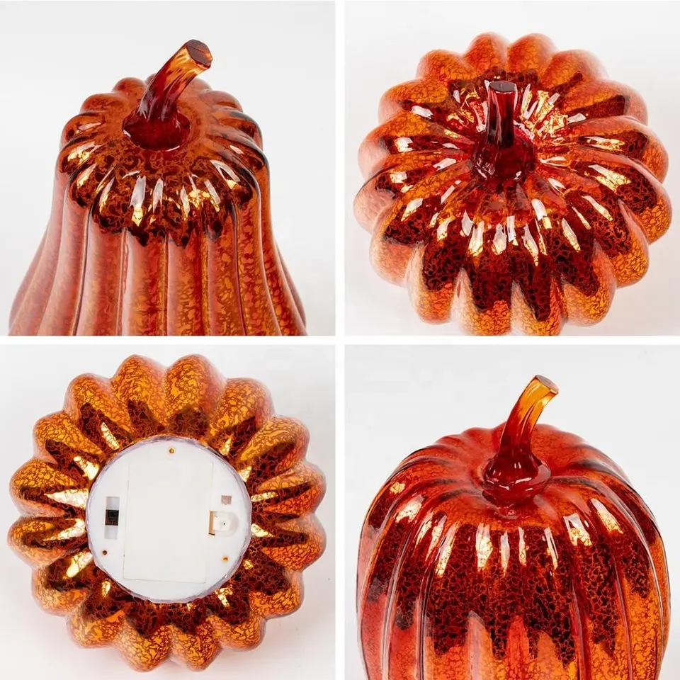 (14x19.5cm) LED Glas Kürbis Lampe Herbst Accessoire Thanksgiving Home Deko mit Beleuchtung