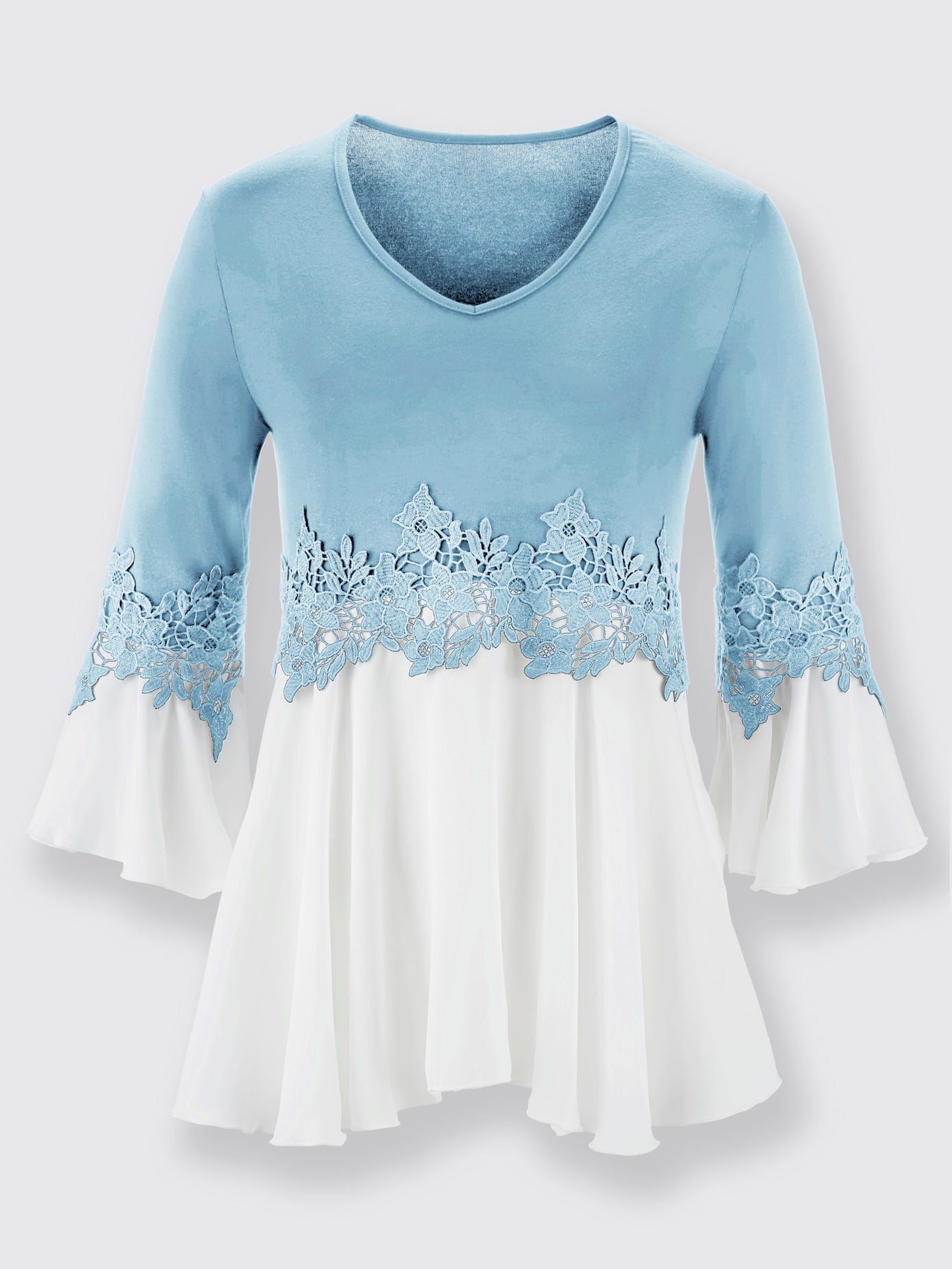 T-shirt bicolore souple ornée dentelle fleurie