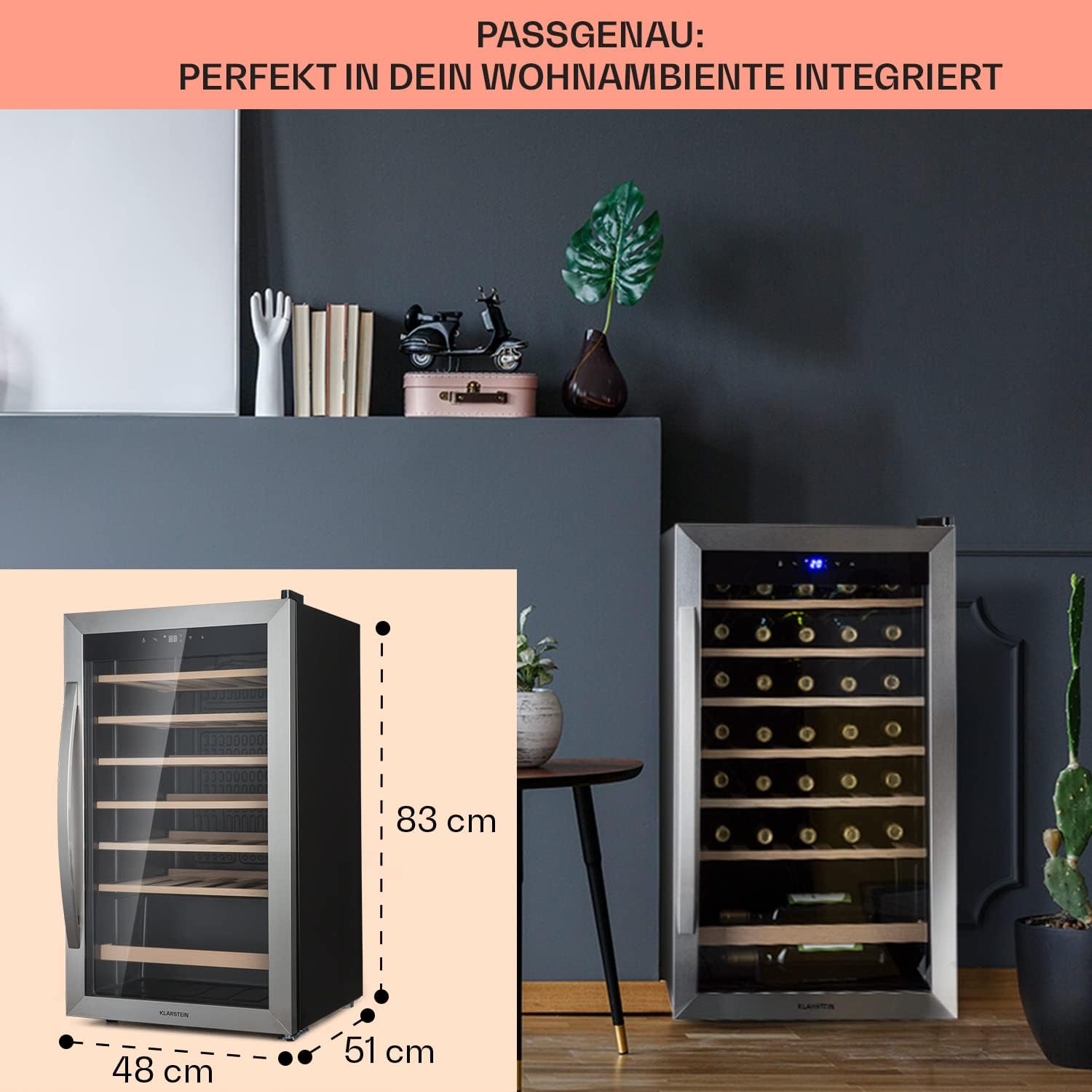 Klarstein Weinkühlschrank, Getränkekühlschrank Schmal, Kühlschrank mit Glastür, Getränkekühlschränke Freistehend, Weinkühlschrank Klein, Weinkühlschränke 1 Zone, LED-Beleuchtung, 4-18 °C, 36 Flaschen