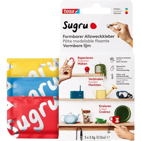 tesa Sugru by tesa - Formbarer Allzweckkleber, 3er-Pack, 3 x 3,5 g, Rot, Blau, Gelb