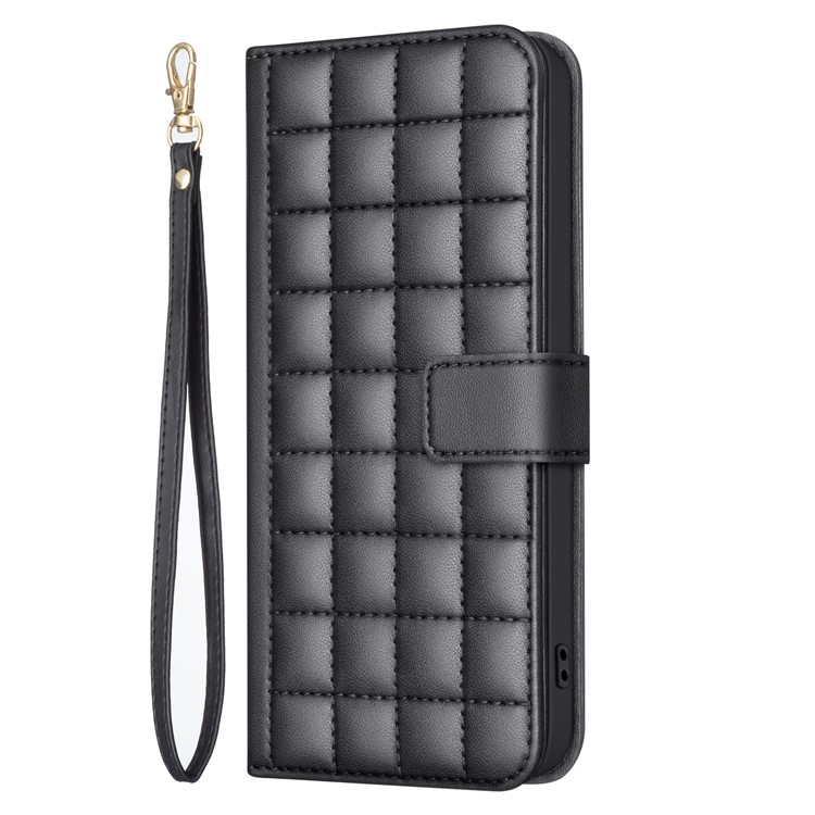 iPhone 16e Leder Tasche Flip Cover Kartenfächer Gittermuster   Handschlaufe - Schwarz