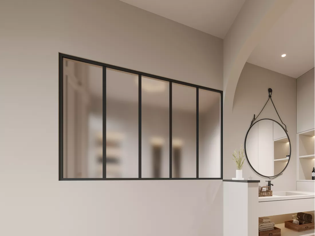 Verrière atelier en aluminium thermolaqué et verre dépoli - 150x105 cm - Noir - BAYVIEW