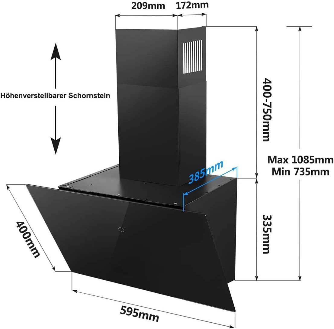 SNDOAS Dunstabzugshaube 60cm, 550 m³/h Starker Saugleistung Dunstabzugshaube Abluft/Umluft, inkl. Aktivkohlefilter, Energieeffizienz A++, Verzögerungs-Ausschaltfunktion, Schwarz