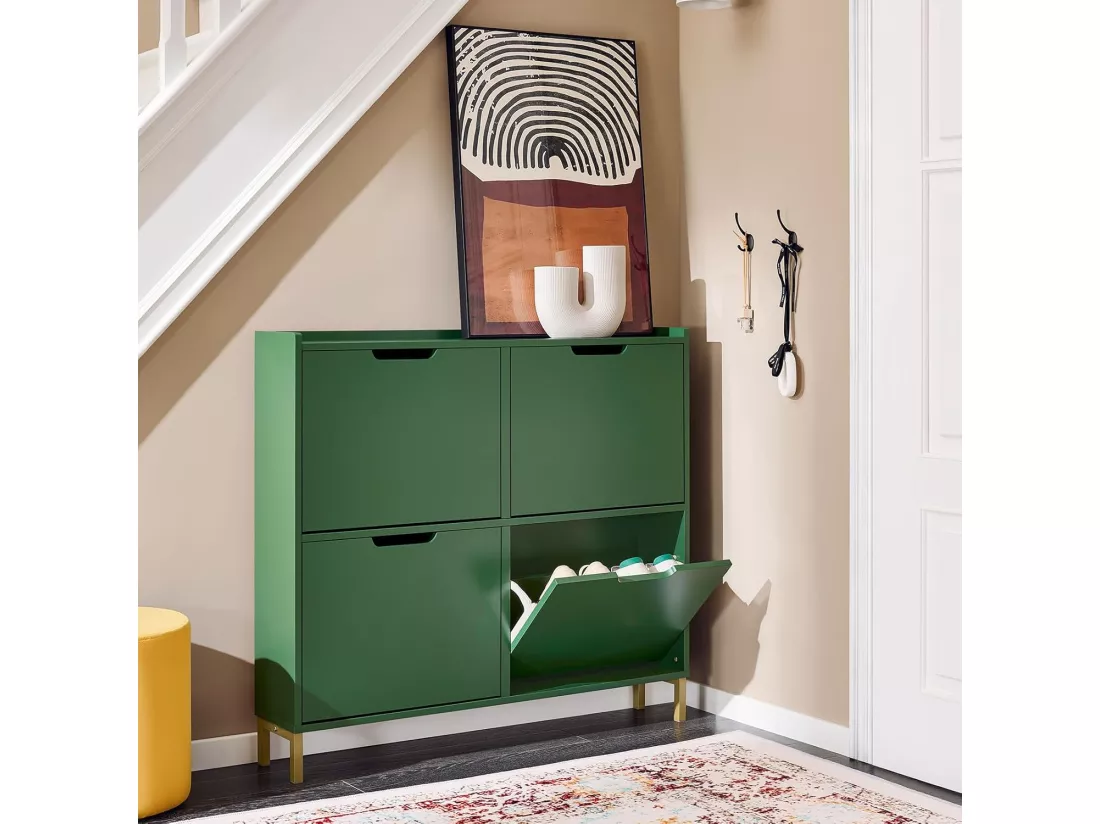 SoBuy Meuble Chaussure, Rangement Chaussure, Meuble d'Entrée, Armoire à Chaussures, Meuble de Rangement, Commode à 4 Abattants, Coffre Rangement, Pieds en Fer, Vert, L100xP19xH90cm, FSR100-SY