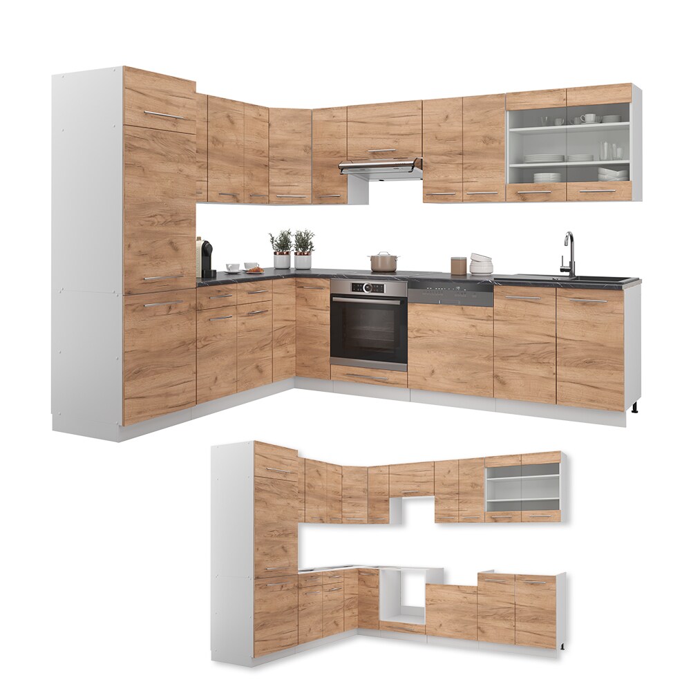 Vicco Eckküche Küchenzeile Einbauküche Fame-Line Weiß Eiche 227x287 cm modern Spülenunterschrank Schubunterschrank Eckunterschrank Herdumbauschrank Hängeschrank Kühlumbauschrank Hängeglasschrank