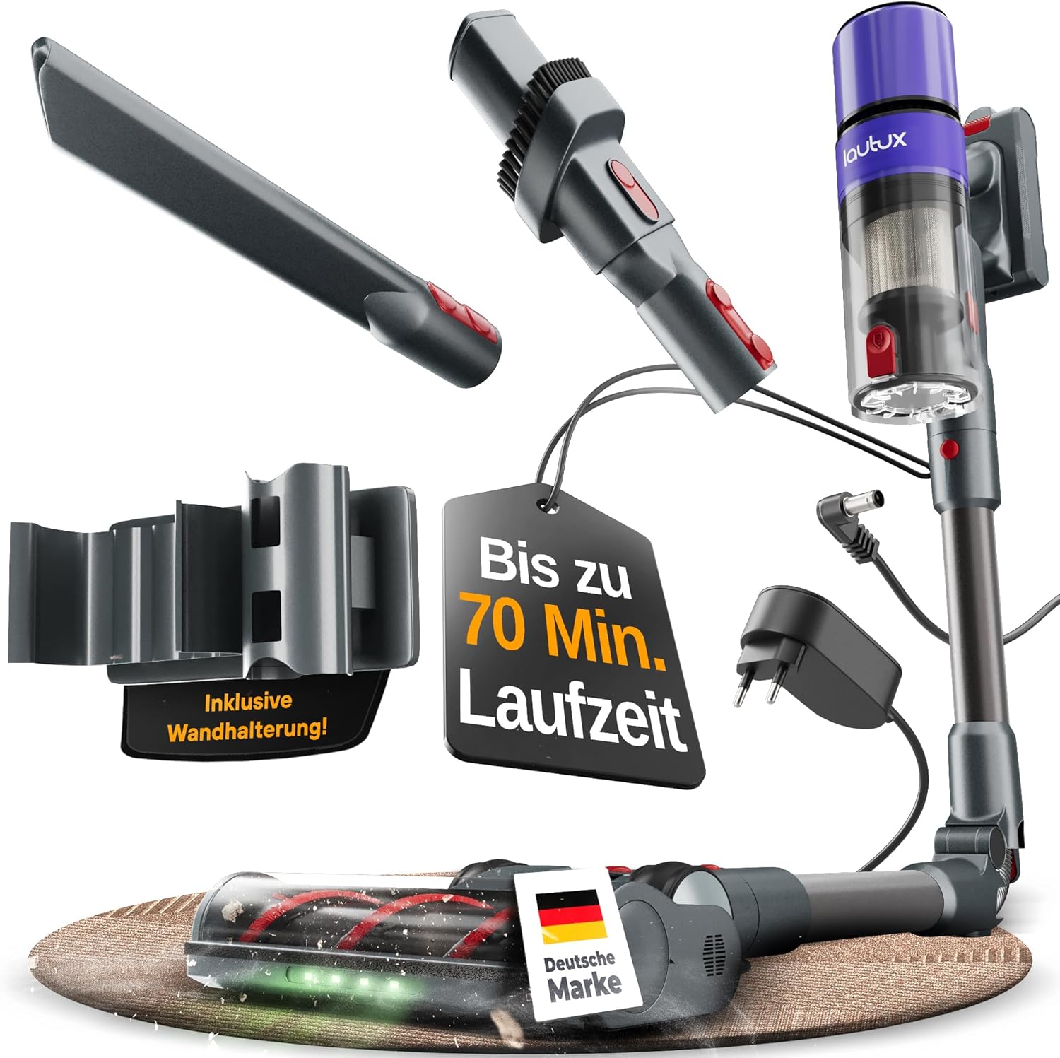 Clenza Pro – Kabelloser Akku-Staubsauger 36 kPa mit 3 Saugmodi, 70 Min Akku, starker Saugleistung, HEPA-Filter, Turbobürste für Tierhaare, LED-Display & praktische Wandhalterung