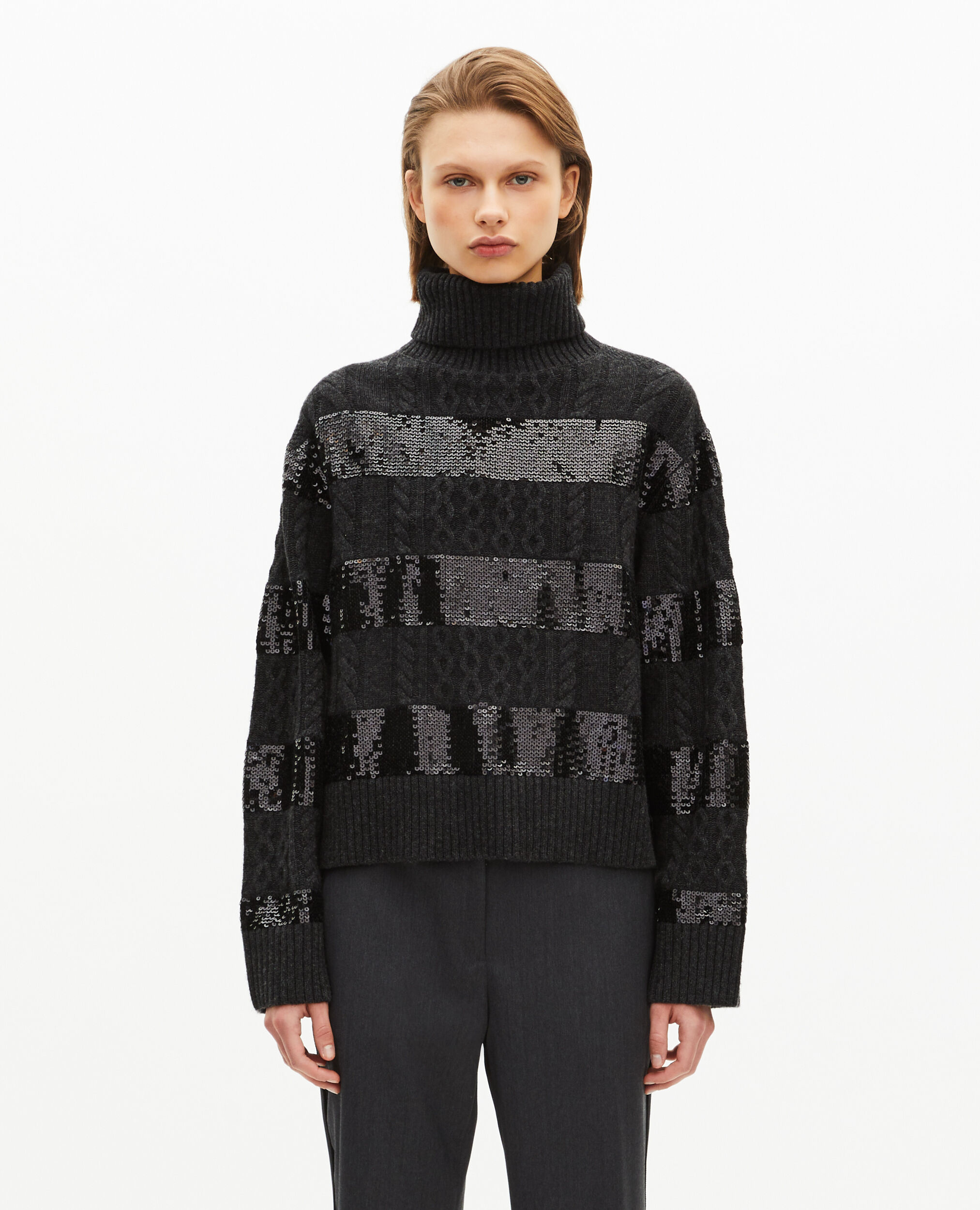 Pull col roulé avec bandes en sequins gris foncé