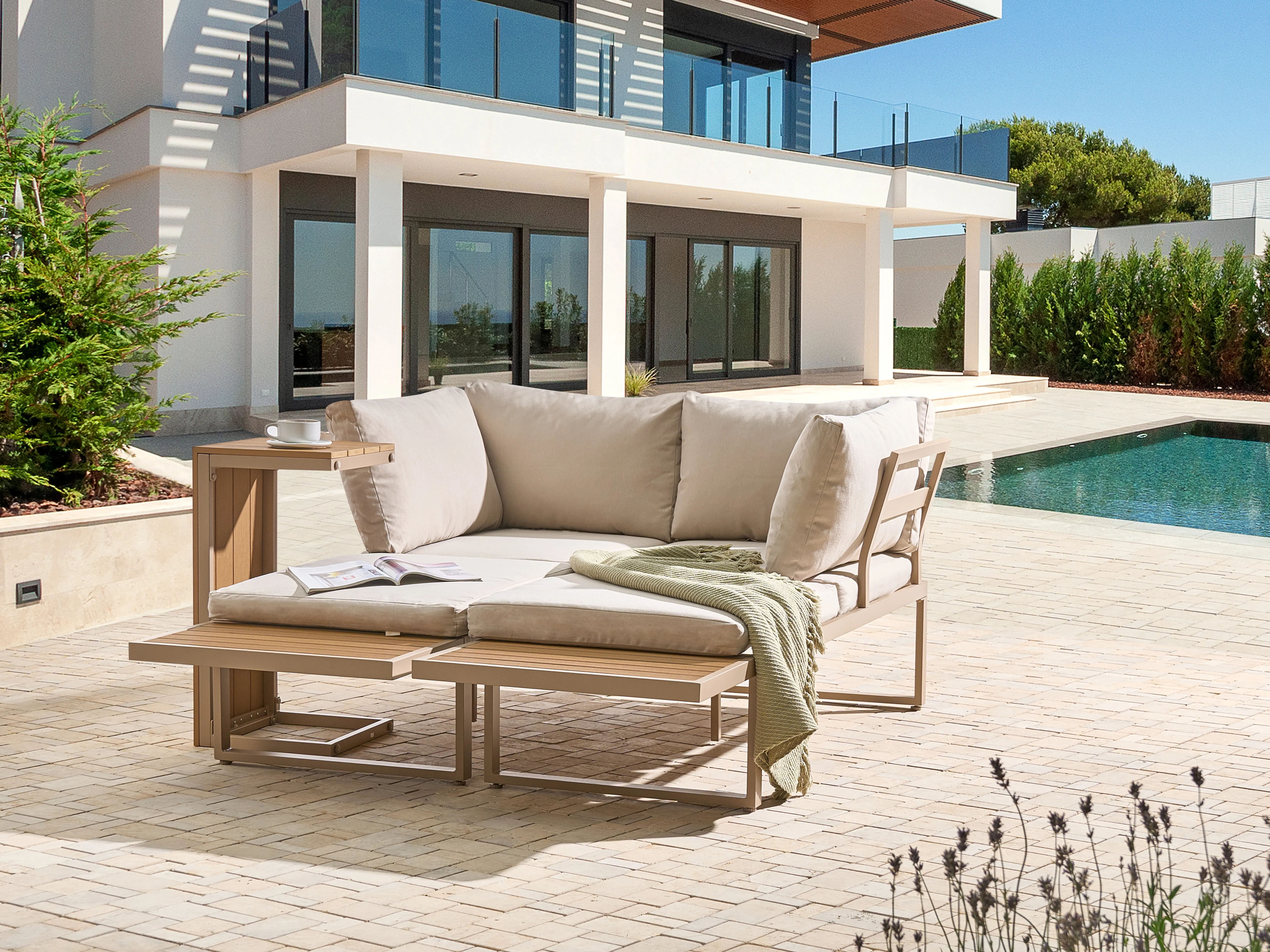 Tuin hoekloungeset met tafel 4-zits PIENZA rechtszijdig modulair Lichtbruin/beige