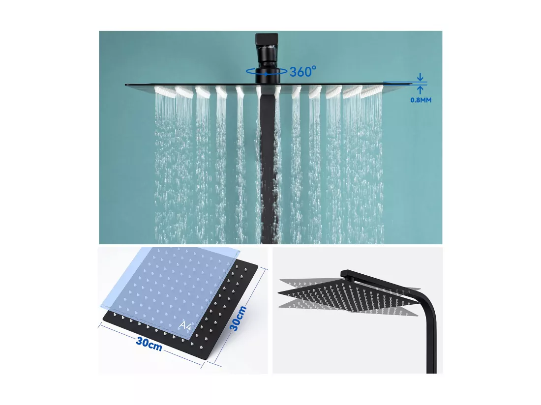 Colonne de Douche Thermostatique,Réglable Hauteur 30x30CM Pommeau de Douche,Colonne Douche Noir Acier Inoxydable,Mitigeur Thermostatique Salle Bain