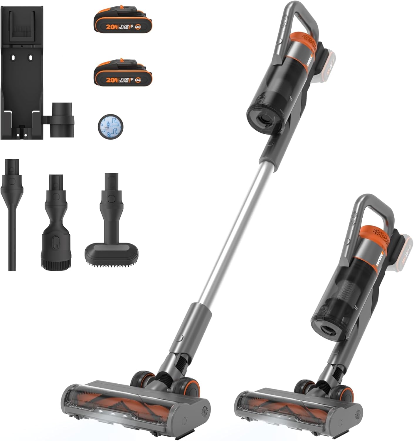 WORX 20V Akku Staubsauger WX038, 25Kpa Handstaubsauger kabellos, 45min Lange Laufzeit, leicht für Haustierhaare, Teppich, Auto - inkl. 2 PowerShare Akkus und Wandhalterung Doppelladegerät