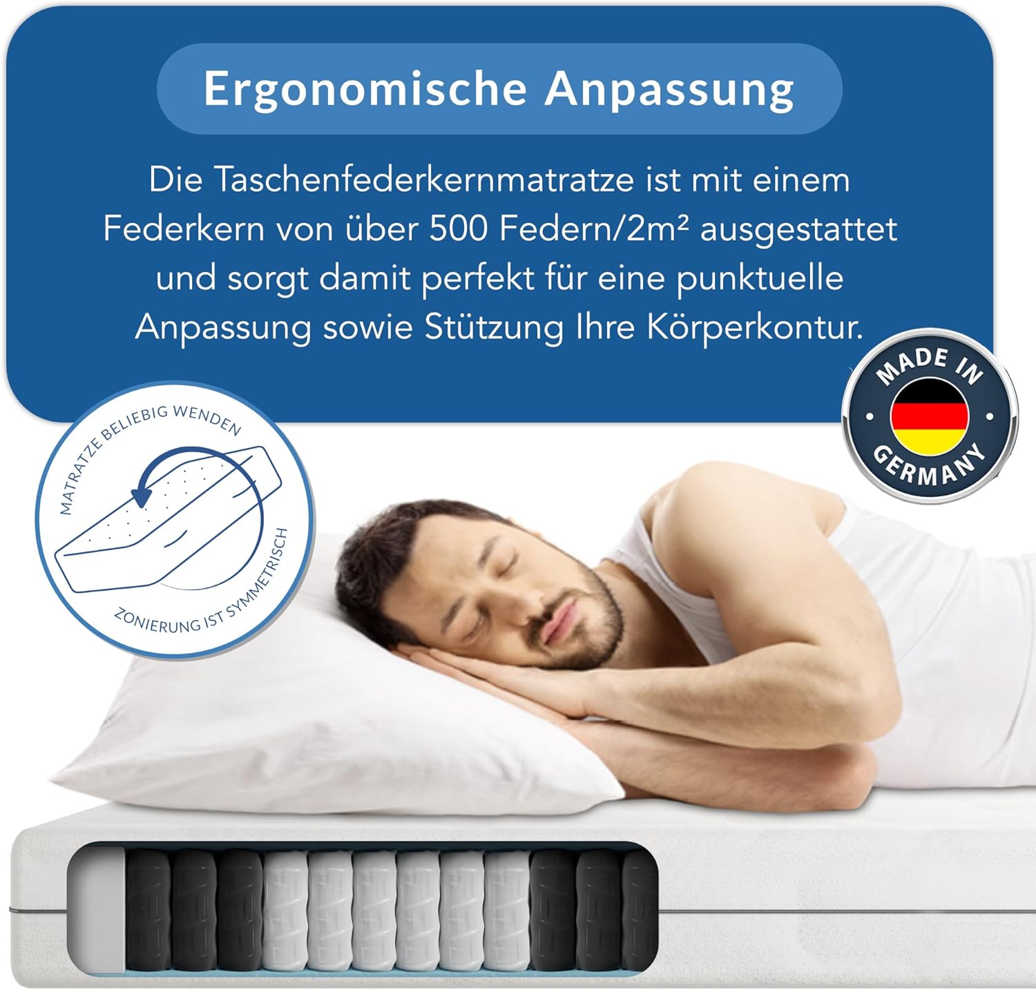 BMM Matratze 90x200 cm Ortho Medic Taschenfederkernmatratze Härtegrad H3/Öko-Tex Zertifiziert/ergonomische 7 Zonen Matratze Höhe 21 cm/Matratzen produziert in Deutschland
