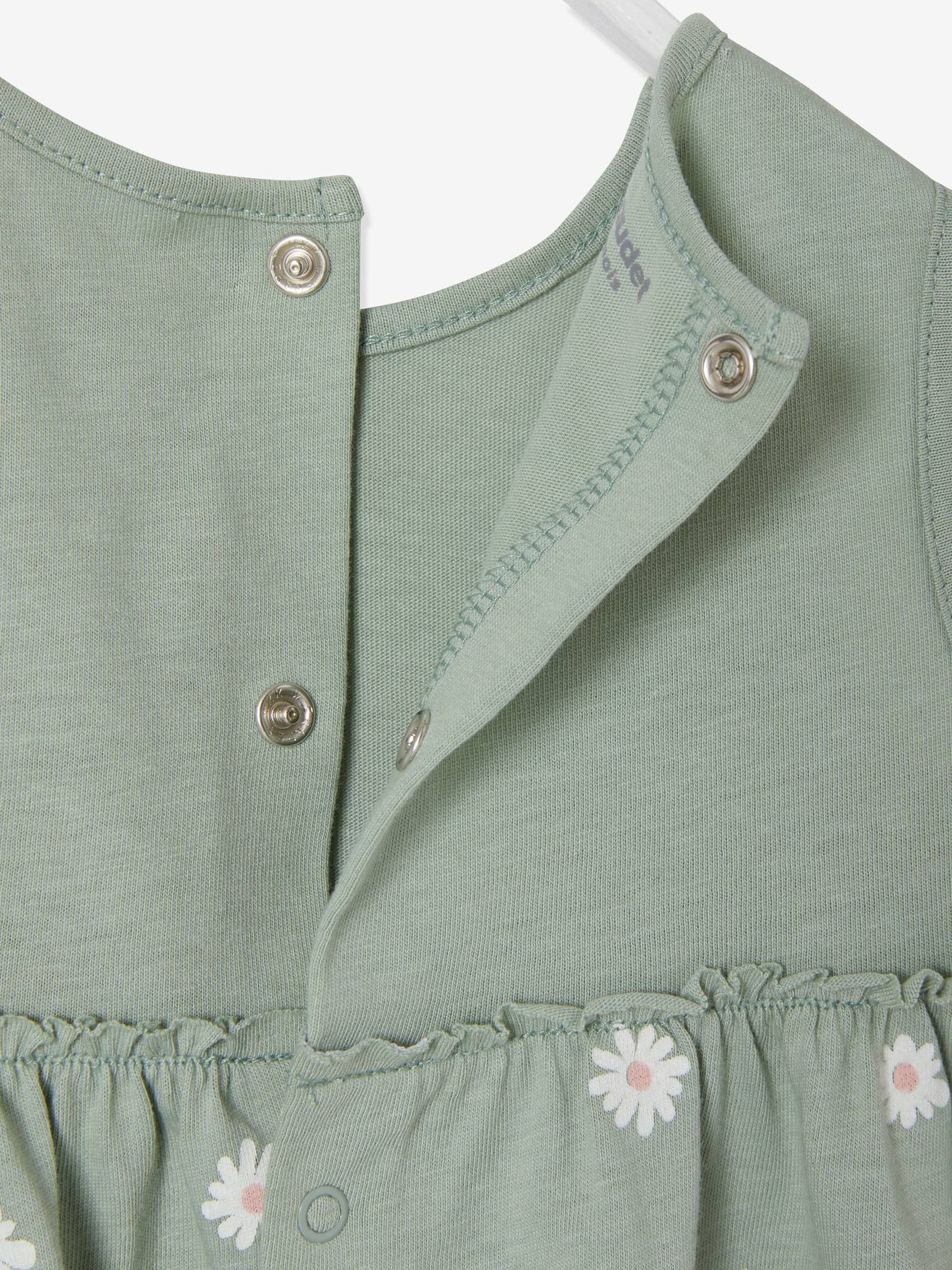 Vestido verde claro estampado e faixa de cabelo combinando para bebê menina