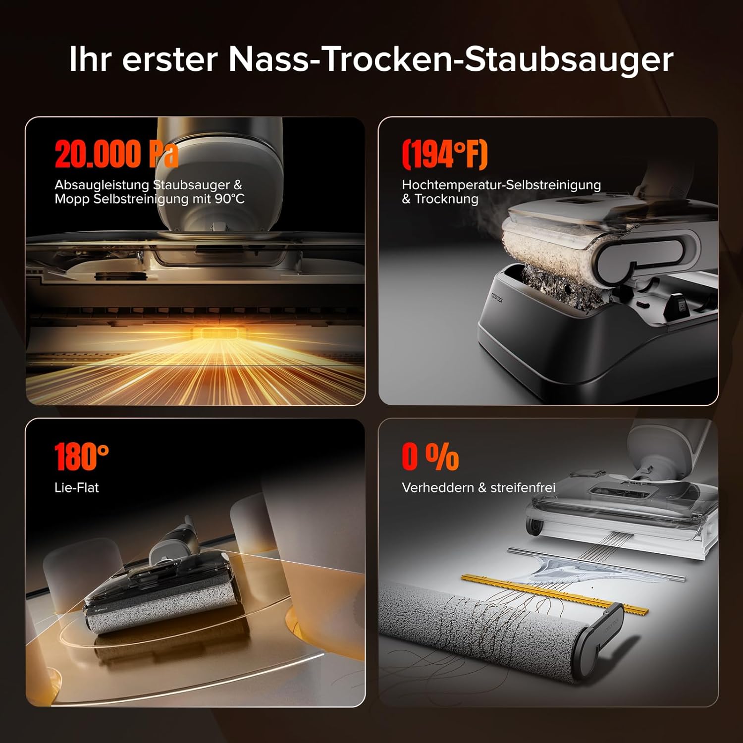 roborock F25 GT Nass Trockensauger, 180° Lay-Flat Saugwischer, 90°C Hochtemperatur Selbstreinigung, 20.000 Pa Akku Staubsauger mit Wischfunktion, Wischsauger Kabellos Anti-Tangle für HarteBoden