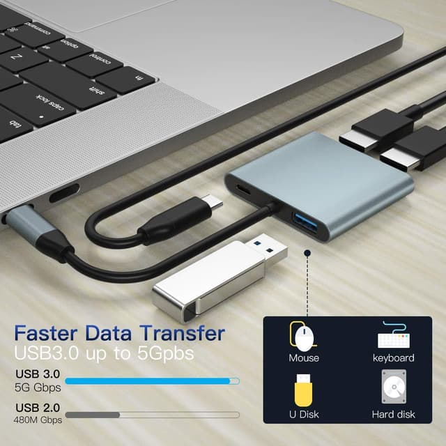 NÖRDIC USB-C til 2xHDMI-adapter 4K30Hz 1xUSB-C 60W PD 1xUSB-A 3.1 5Gbps MST