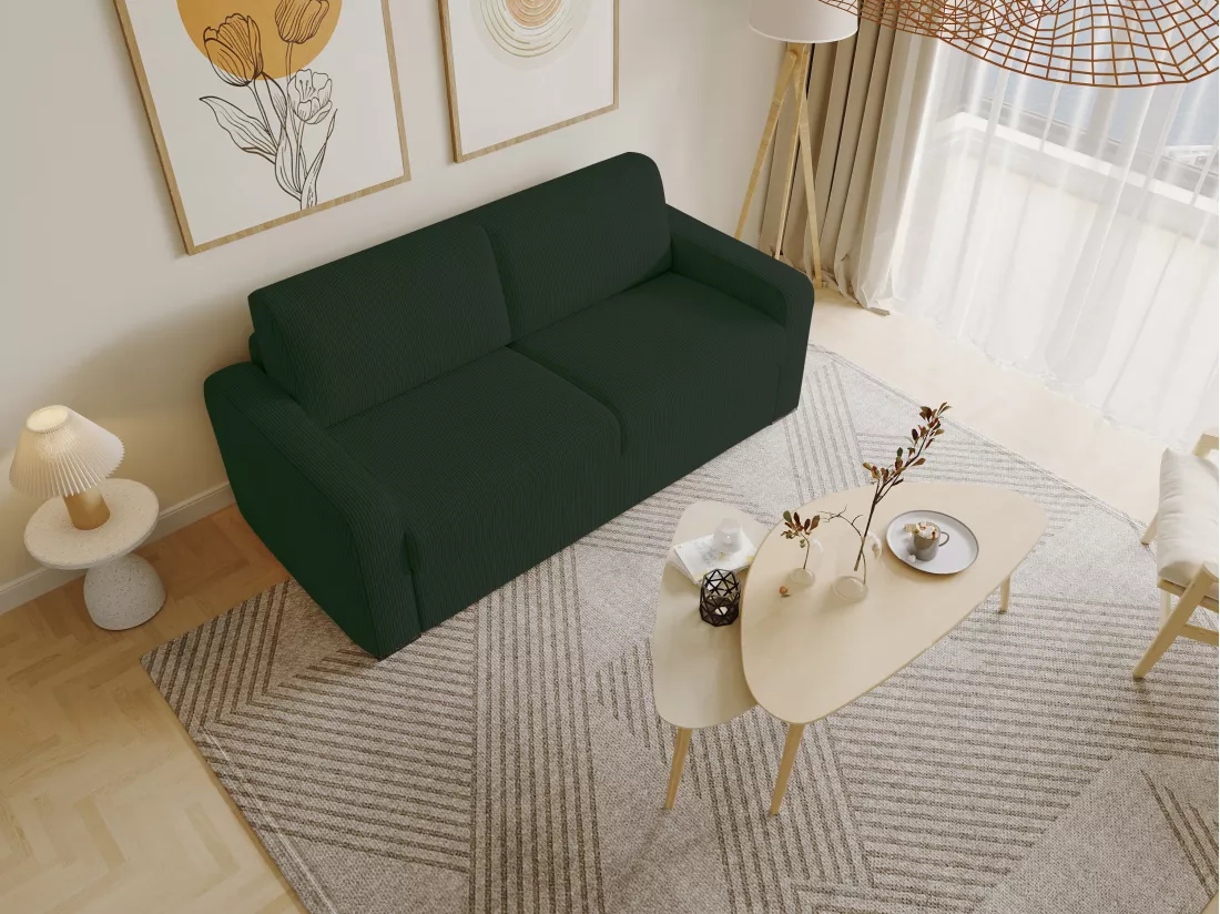 Canapé 3 places convertible express en velours côtelé vert sapin - Couchage à lattes larges 140 cm - Matelas 20 cm - BEVIS