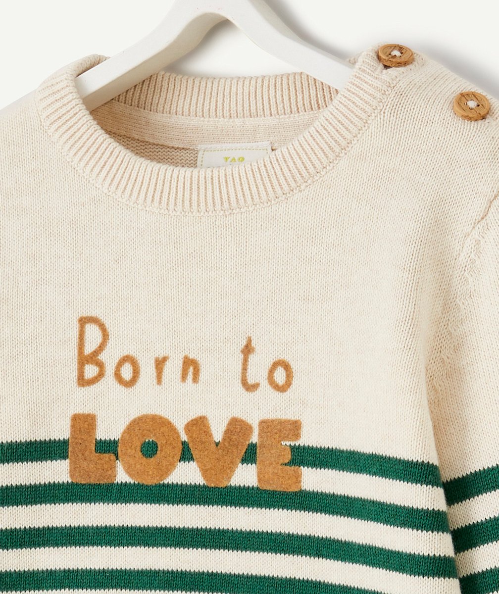 PULL EN TRICOT BÉBÉ GARÇON À RAYURES VERTES MESSAGE BORN TO LOVE