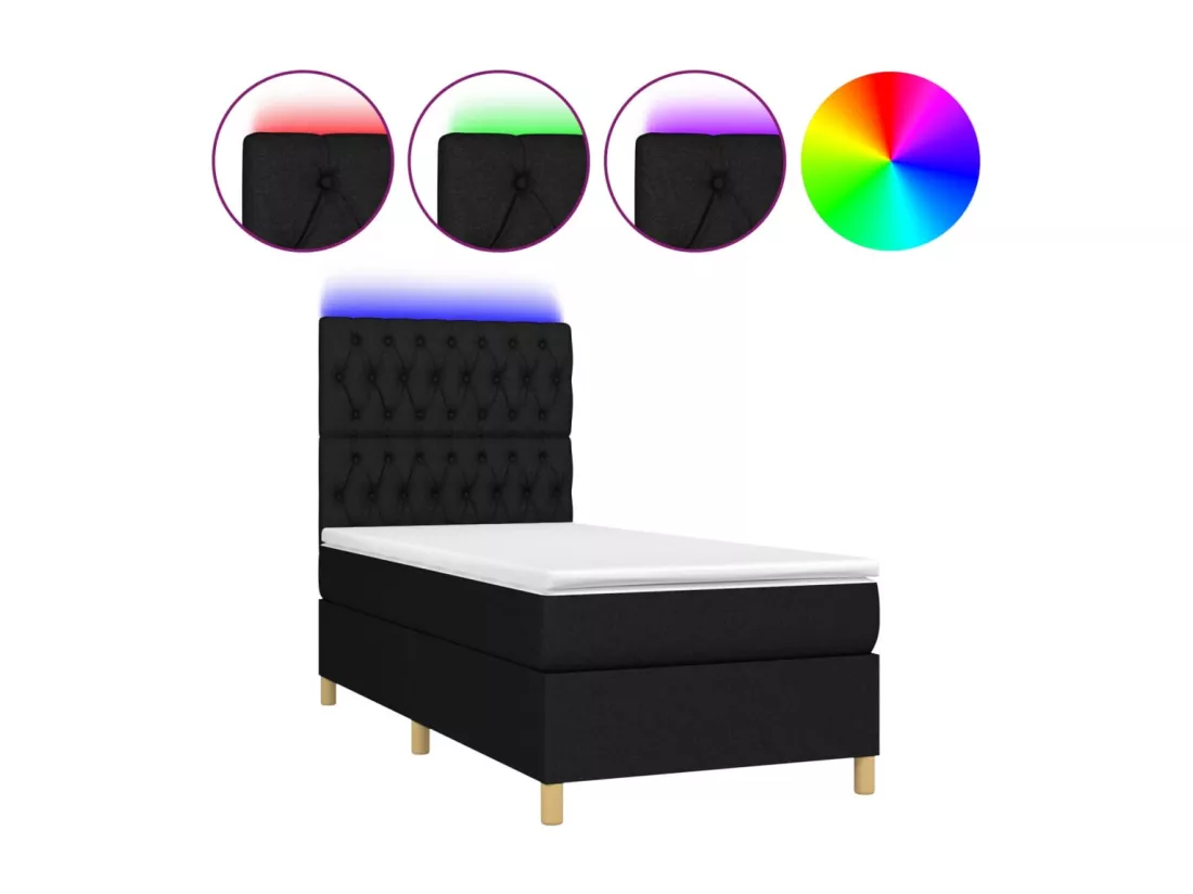 Sommier tapissier avec matelas et LED Noir 90x190 cm Tissu