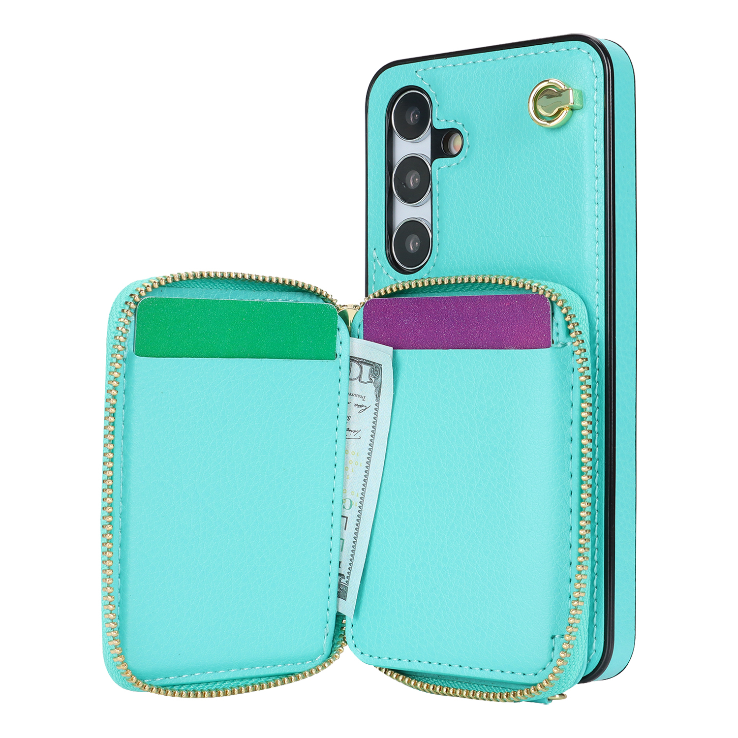 Samsung Galaxy S24 Necklace Leder Schutz Hülle mit Kartenfächer   Handykette (140cm) - Türkis