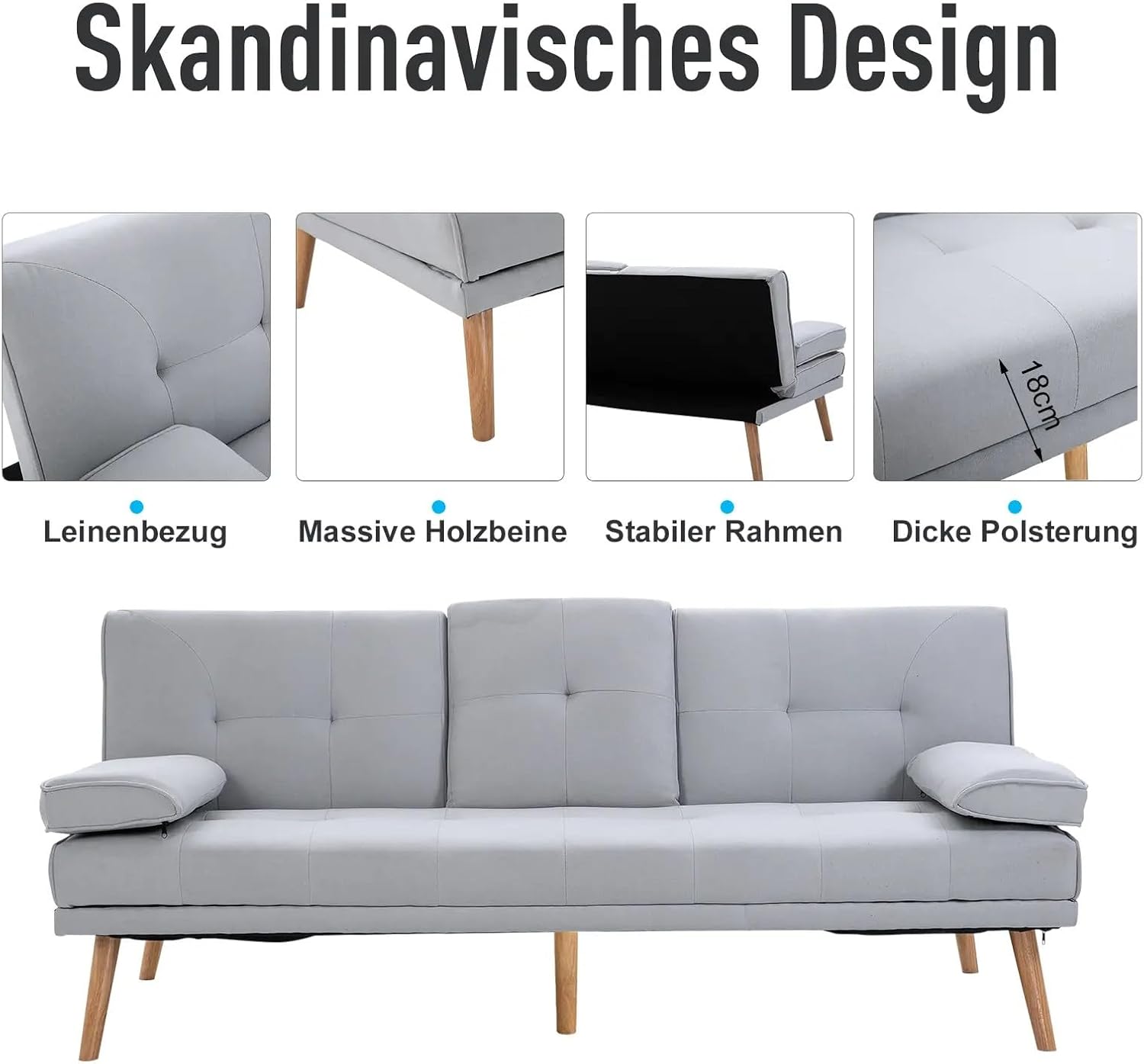 XPSSJMU Schlafsofa, bequemes Schlafsofa, 3-Sitzer, Schlafsofa, Leinen, hellgrau, 181 x 77 x 72 cm