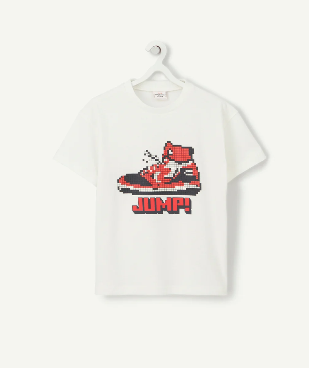 T-SHIRT GARÇON EN FIBRES RECYCLÉES BLANC AVEC BASKET