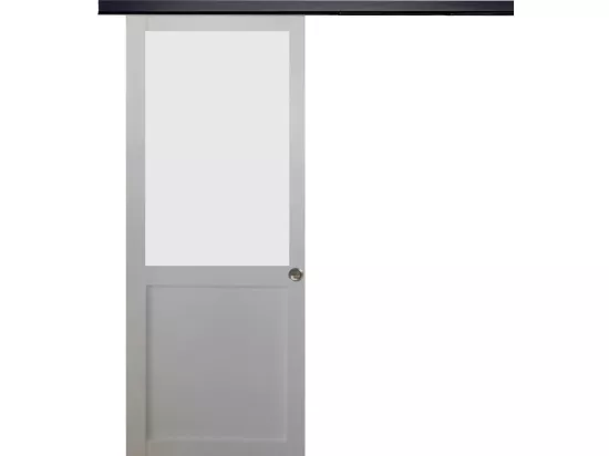 Porte Coulissante Athena Blanc H204 X L83 + Rail Alu Bandeau Noir Et 2 Coquilles Gd Menuiseries