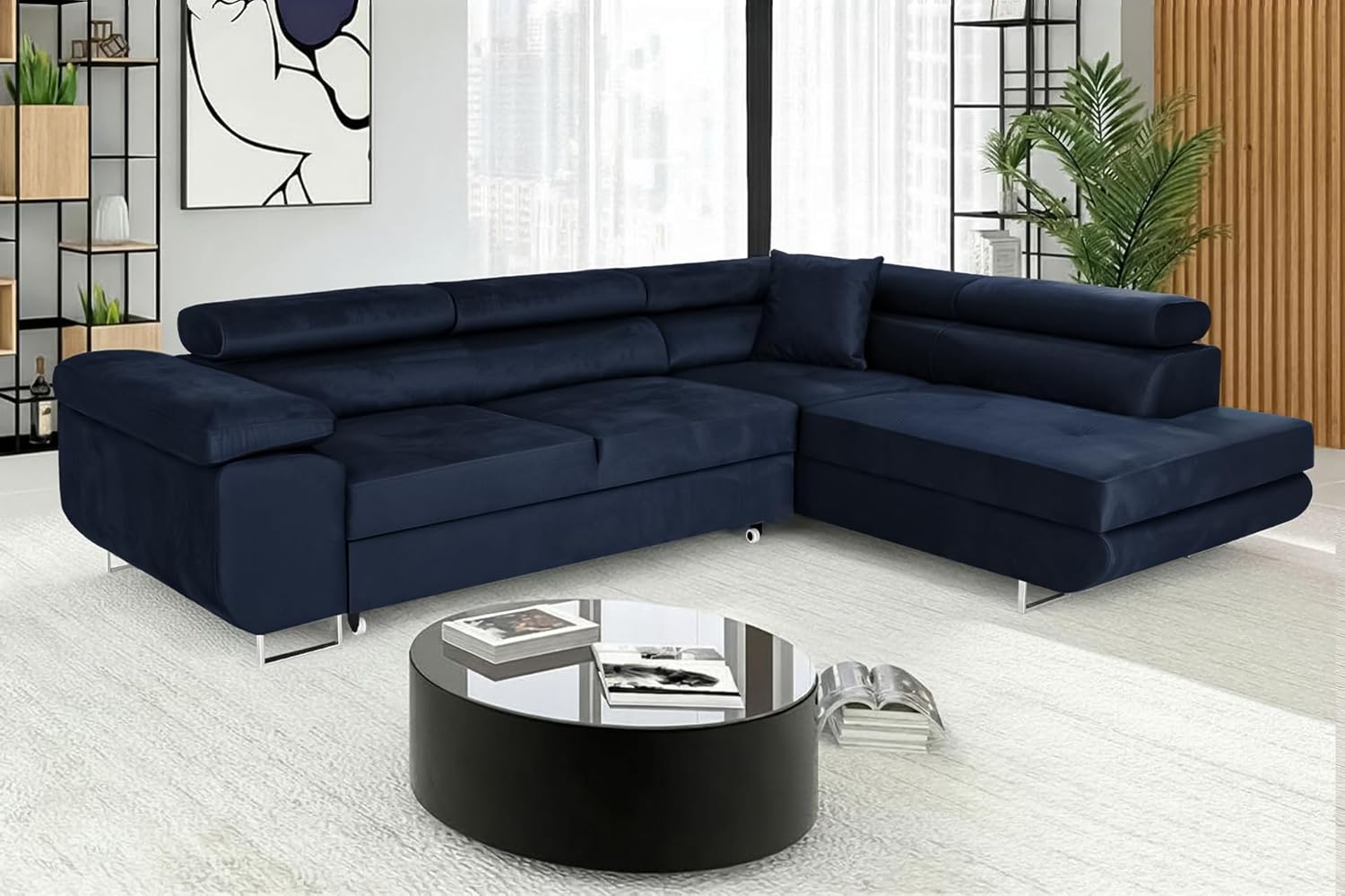 Ecksofa mit Schlaffunktion PASTI L-Form, Sofa Couch mit Bettkasten, 3-Sitzer Eckcouch, Schlafsofa für Wohnzimmer, Big Sofa Couch mit Schlaffunktion (Blau, Ottomane Rechts)