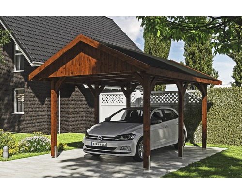 Enkele carport SKAN HOLZ Wallgau inclusief zwarte shingles en H-paalankers 380 x 500 cm notenhout