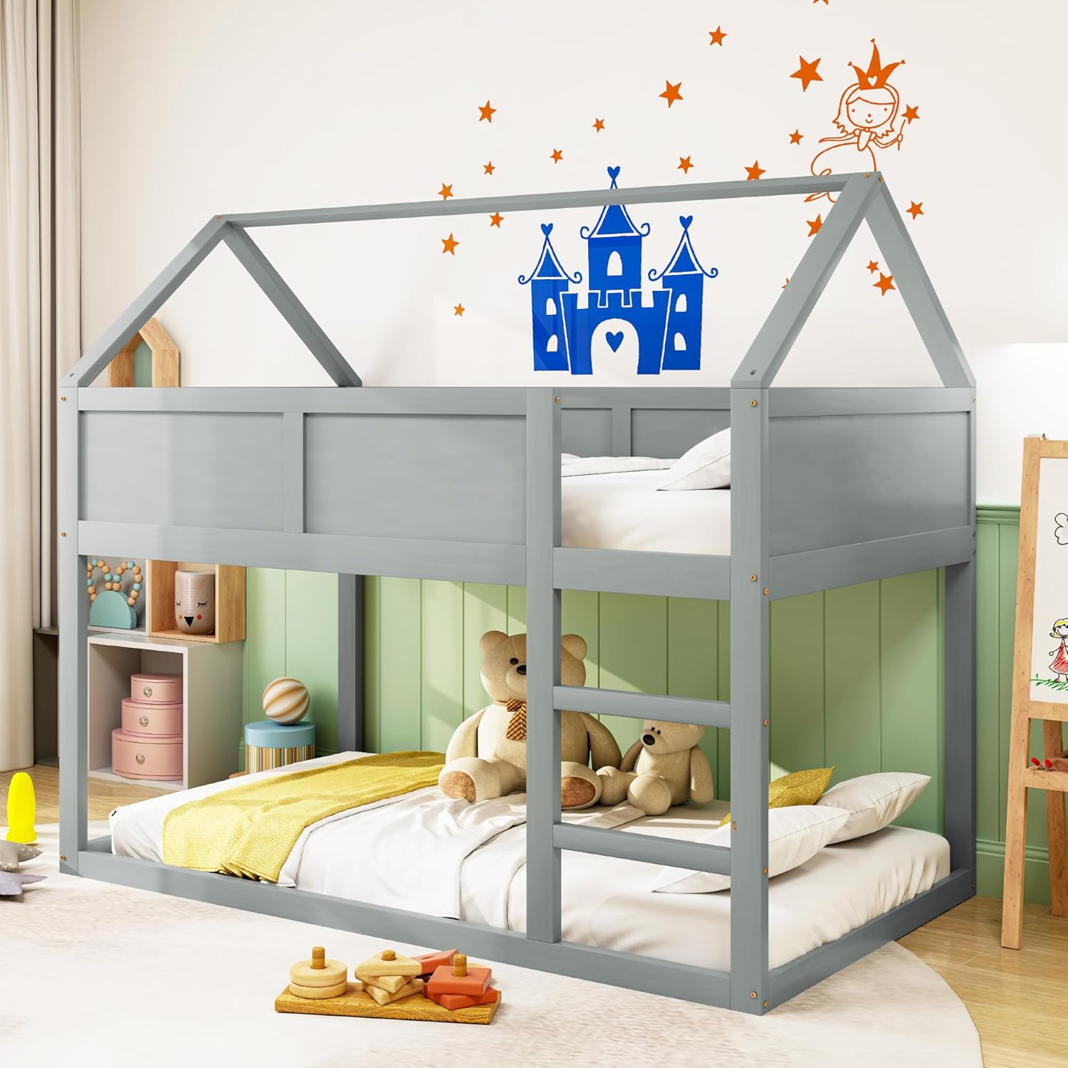 okwish Hochbett für 2 Kinder 90 x 200cm, Kinderbett Baumhaus mit Treppe und Massivholzrahmen, Hausbett, Grau(Ohne Matratze)