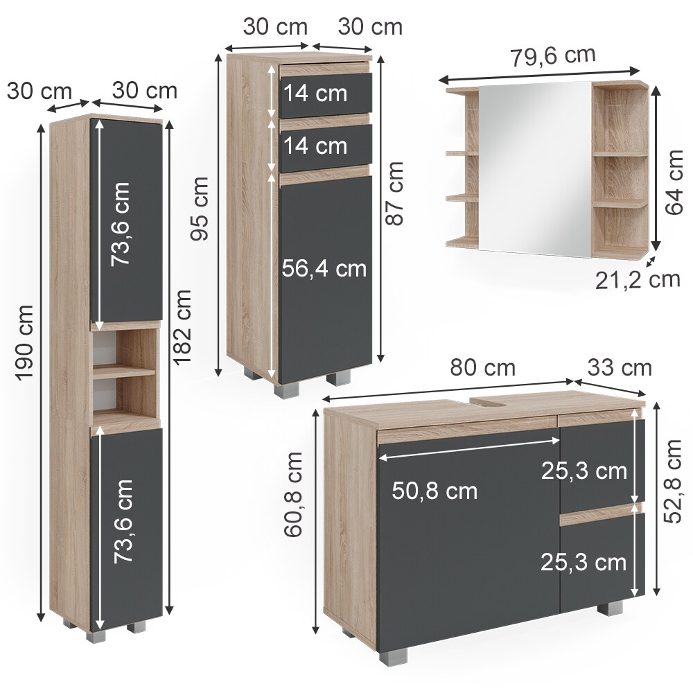 Vicco Badmöbelset J-shape Sonoma Anthrazit modern Badezimmer Schrank Badschrank Waschtischunterschrank Spiegelschrank Midischrank Hochschrank Schranktür Schrankschublade Schrankfach Ablage Aufbewahrung