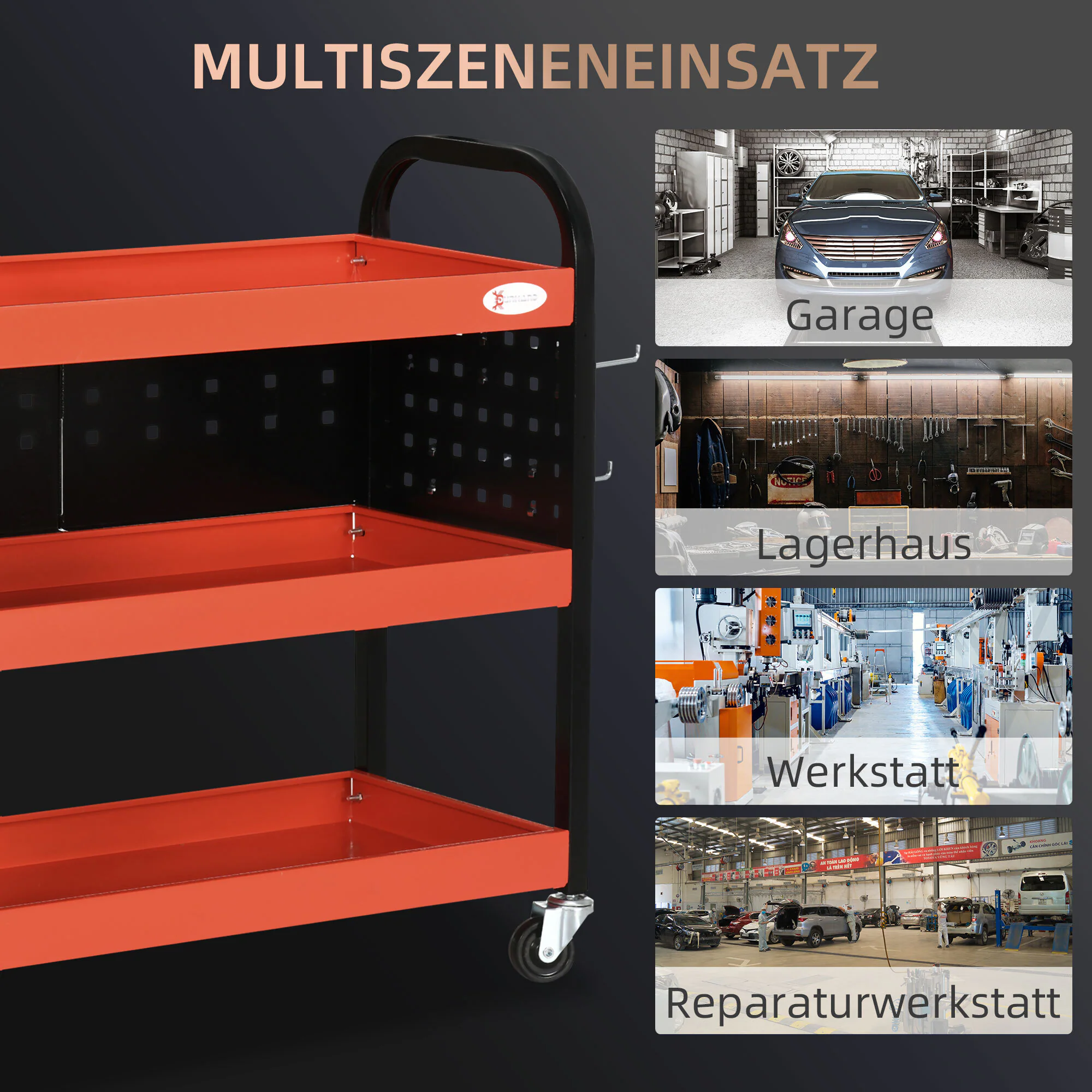 DURHAND Werkstatt-Rollwagen mit 3 Regalen rot 75L x 35B x 80H cm