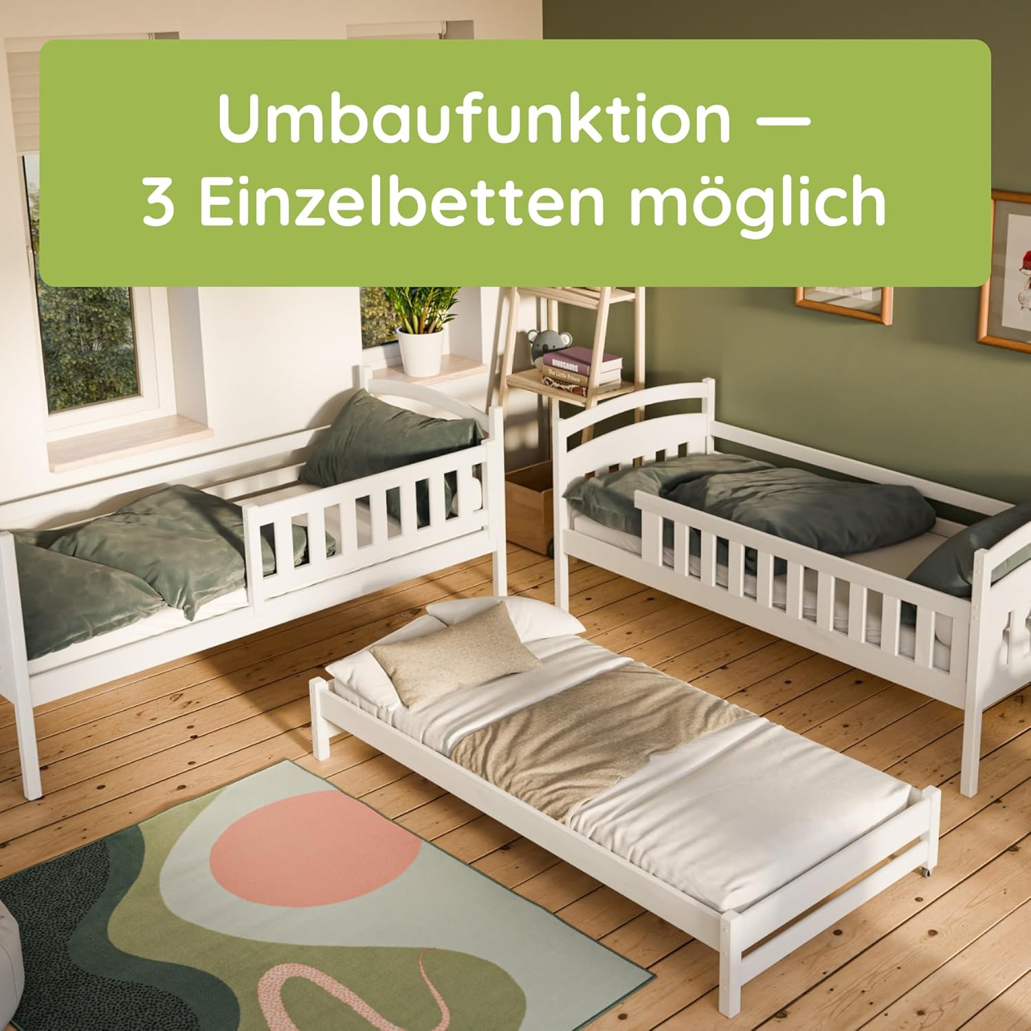Kids Collective Hochbett 90x200 Etagenbett Kinderbett Jugendbett Stockbett 3 Kinder, zwei Schubladen & Rausfallschutz umbaubar in 3 Einzelbetten | 4. bis 16. Lebensjahr | inkl. Lattenrosten | olivgrün