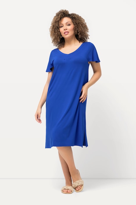 Jersey-Midikleid, A-Linie, V-Ausschnitt, Cup-Ärmel