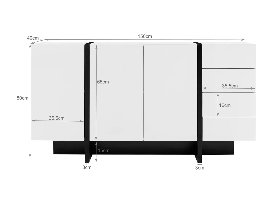 Buffet avec 2 portes et 3 tiroirs - 150 x 40 x 80.5 cm - MDF et panneaux de particules - Blanc brillant