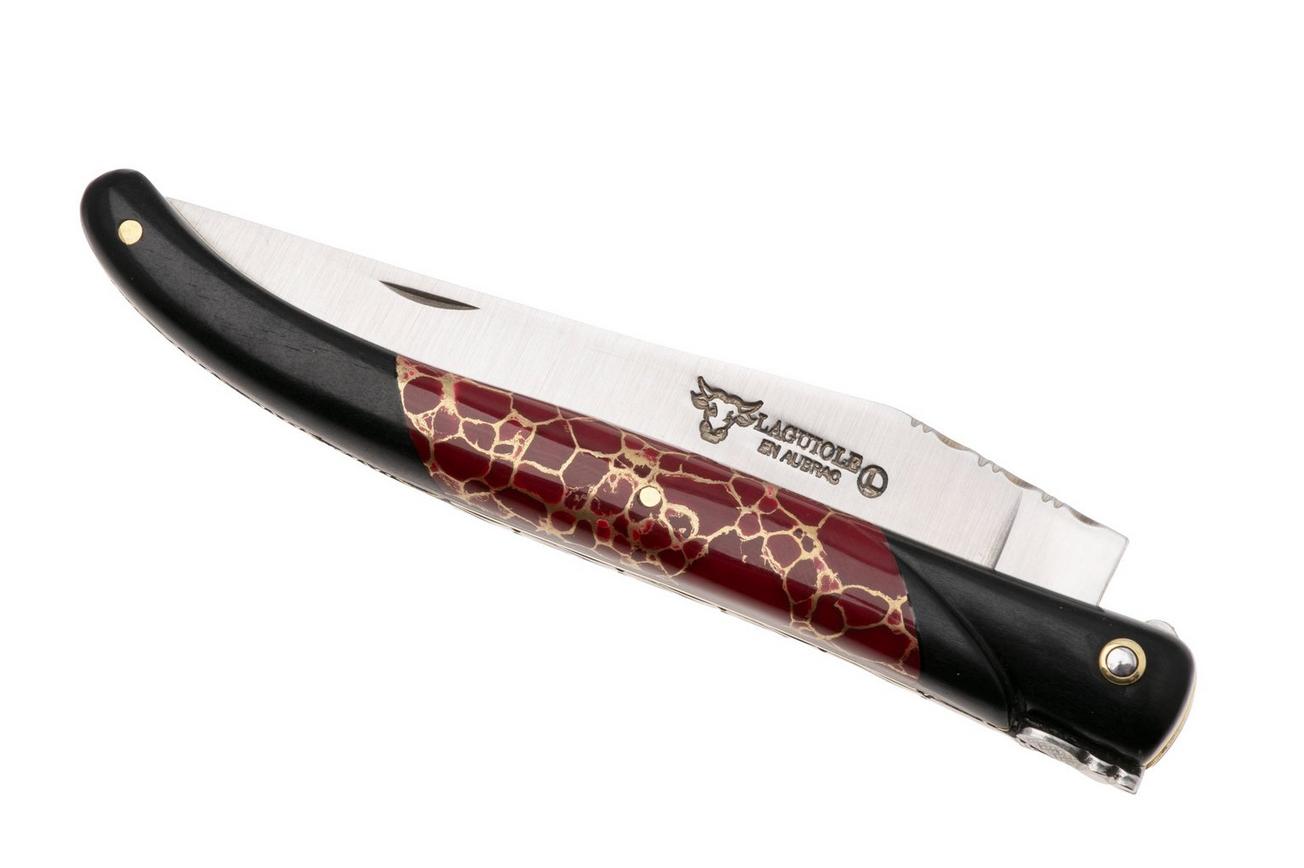 Laguiole en Aubrac Ebony, Jasper Gold Inlay, Handcarved Plates, zakmes, 12 cm