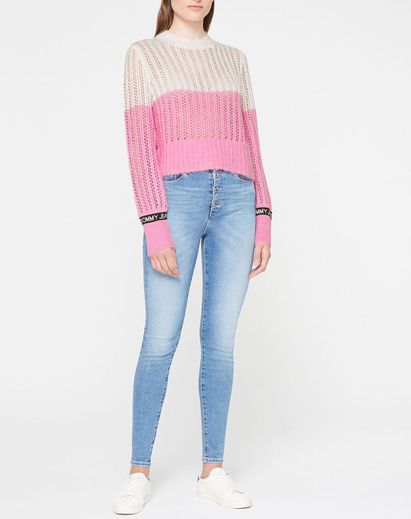 Tommy Jeans Pull en Laine mélangée lightweight stripe rose/blanc