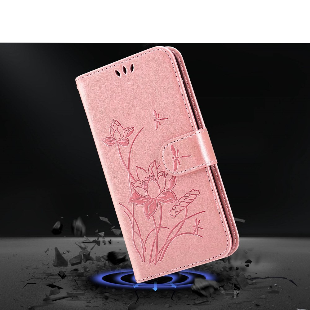 iPhone 13 Pro Leder Tasche Flip Cover Lotus Blumen Imprint - Roségold