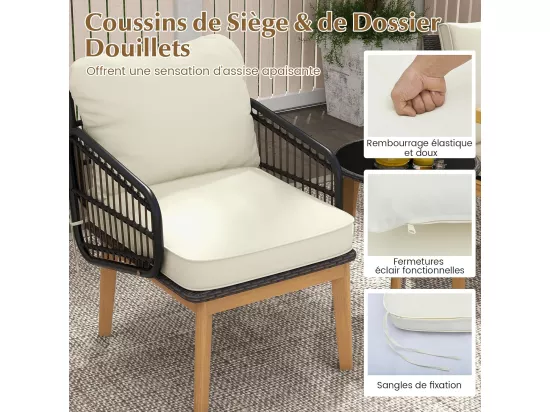Ensemble de Meubles 3 Pièces de Patio en Rotin et fibre naturelle Charge 180KG, Salon de Jardin 2 Fauteuils Table Basse en Verre Trempé avec Coussins Lavables Accoudoirs pour Jardin Balcon