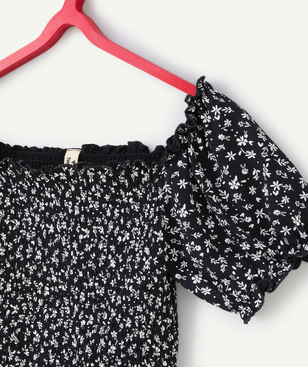 t-shirt manches courtes fille viscose responsable noir imprimé à fleurs