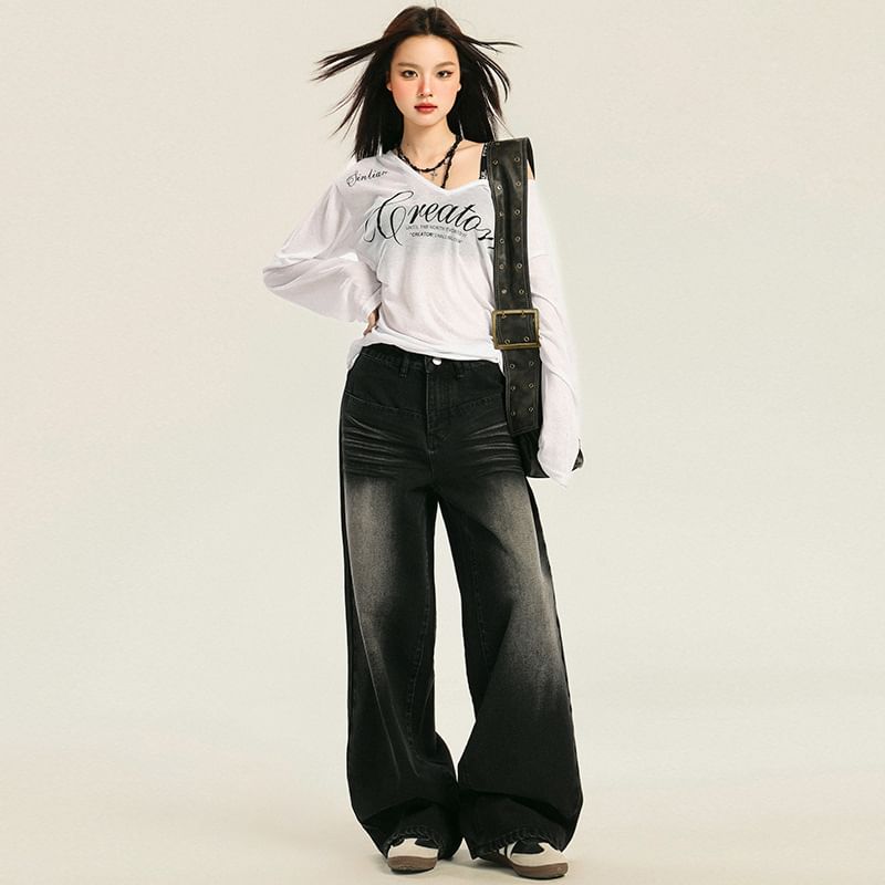 Denimot - Mid Rise Washed Wide Leg Jeans (diverse designs)