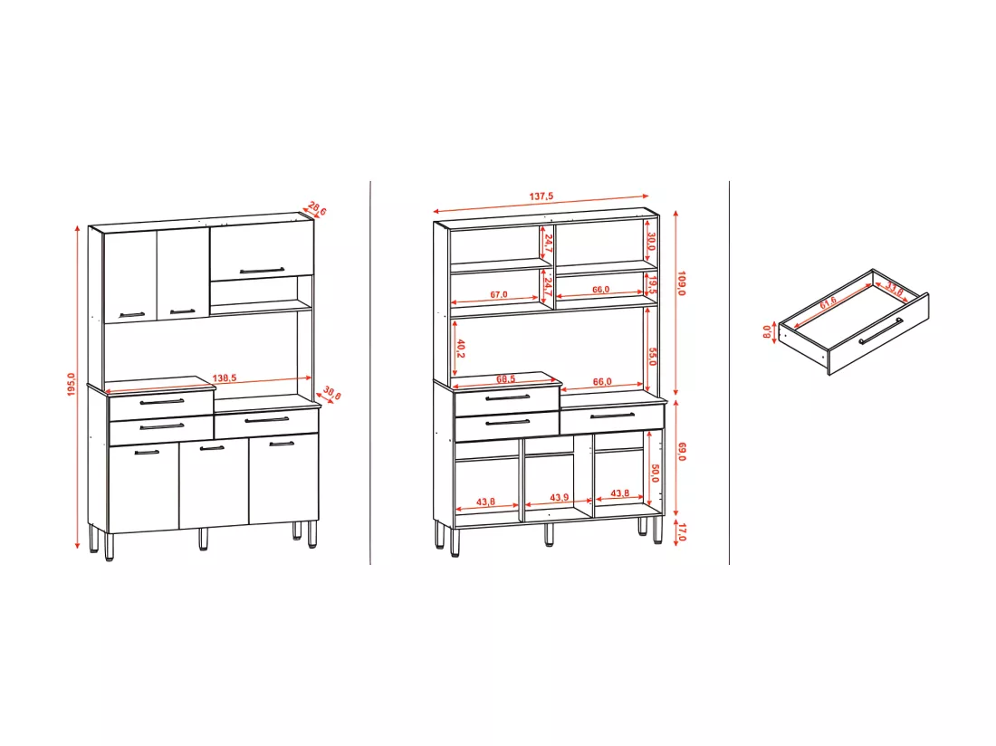 Buffet de Cuisine 6 Portes 3 Tiroirs 9 Niches Chêne Blanc L 138.5 x195 x38.8 cm